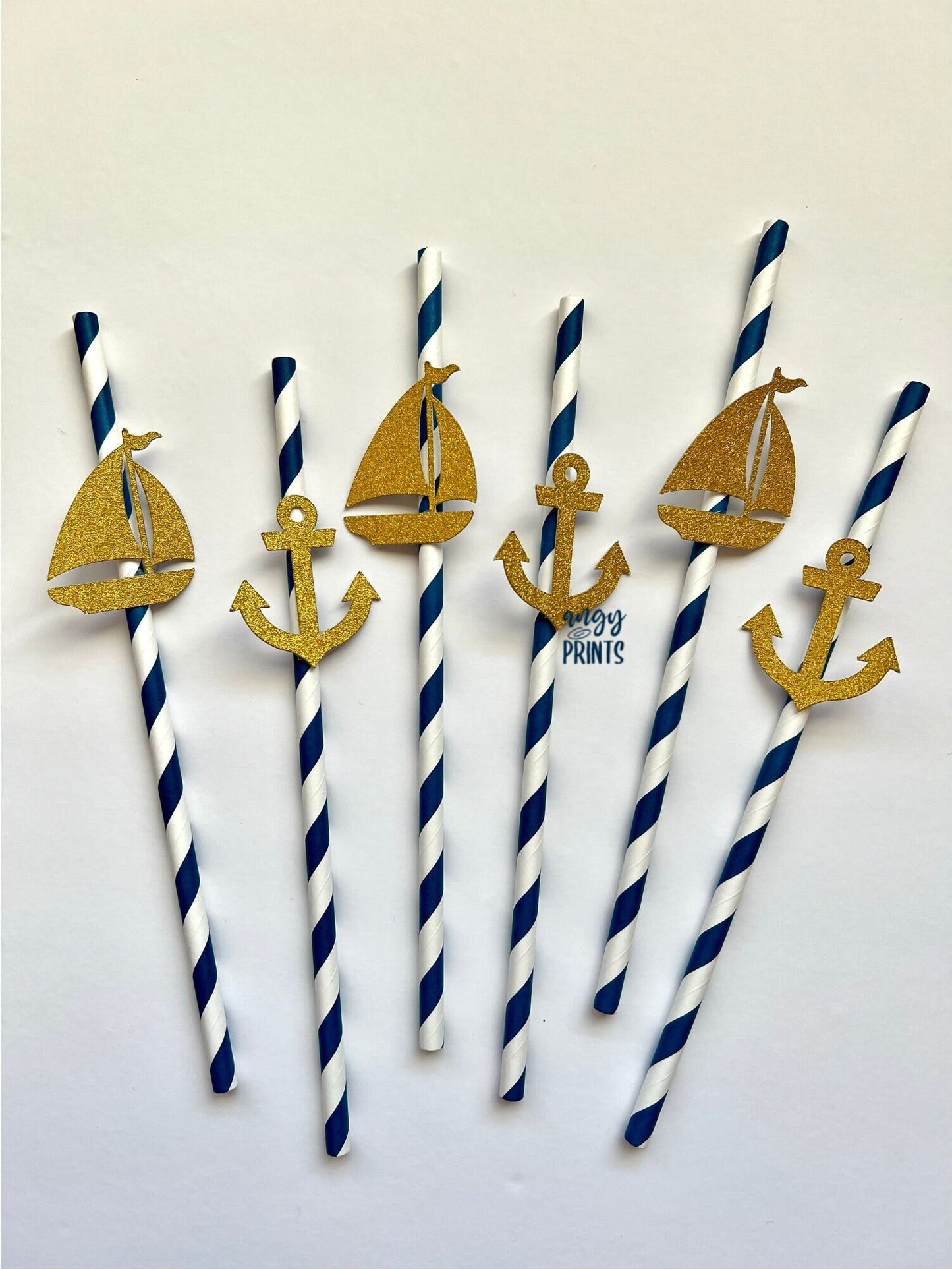 Nautical Theme Anchor and Sailboat Striped Navy Drinking Paper Straws w Glitter Gold Confetti for Bachelorette Party Birthday Baby Shower
