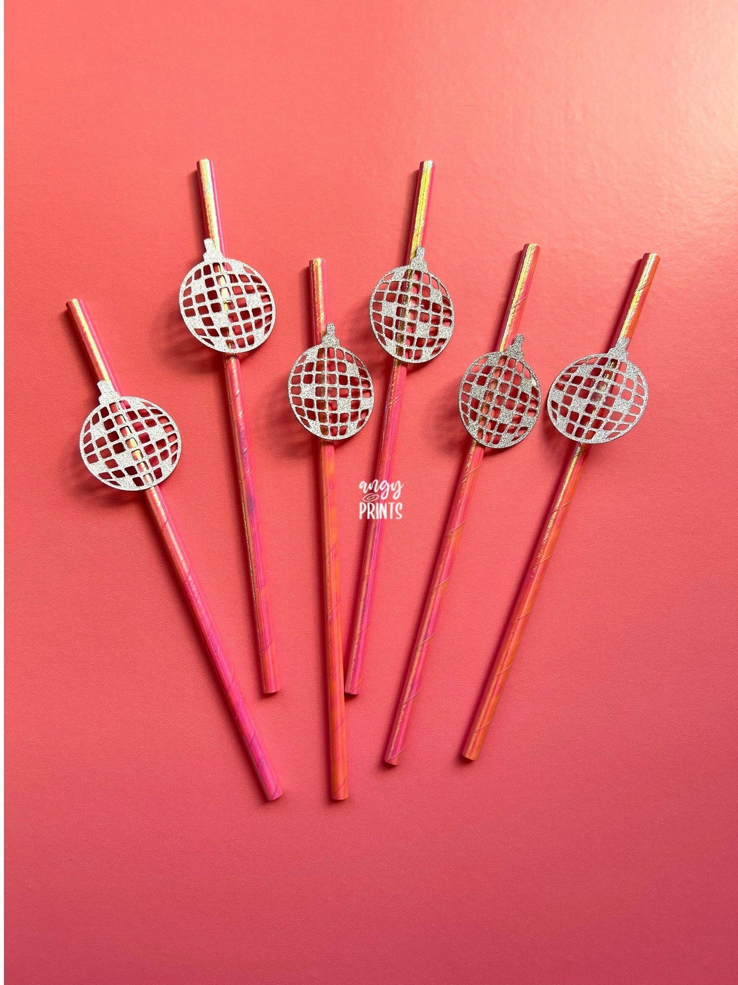 Last Disco 70s 80s 90s Theme Holographic Pink Drinking Paper Straws w Glitter Disco Ball Confetti for Bachelorette Party, Birthday, Bridal