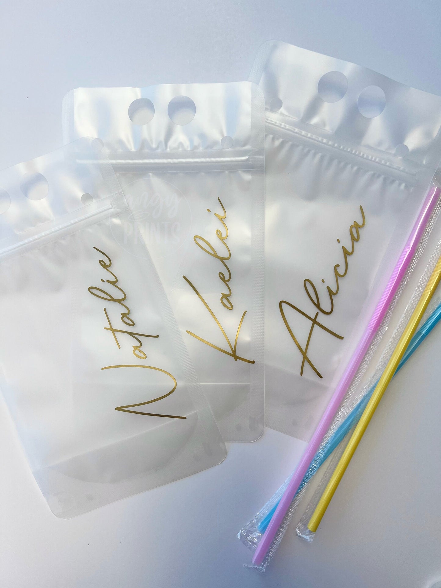 Tropical Vacation Bachelorette Personalized Name Plastic Clear Adult Beverage Pouches w/ Individually Wrapped Straw for Party, Day Drinking