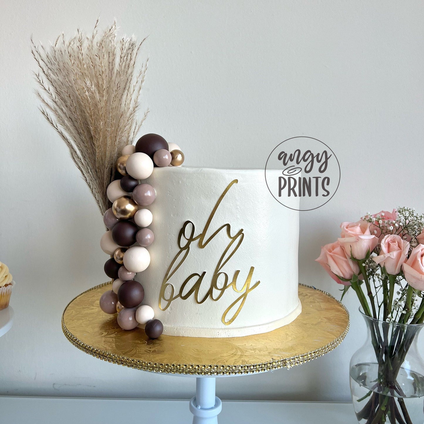 Oh Baby Metallic Gold Cake Topper Decoration for Baby Shower, Gender Reveal, Event, Birthday | Minimalist Cake Topper