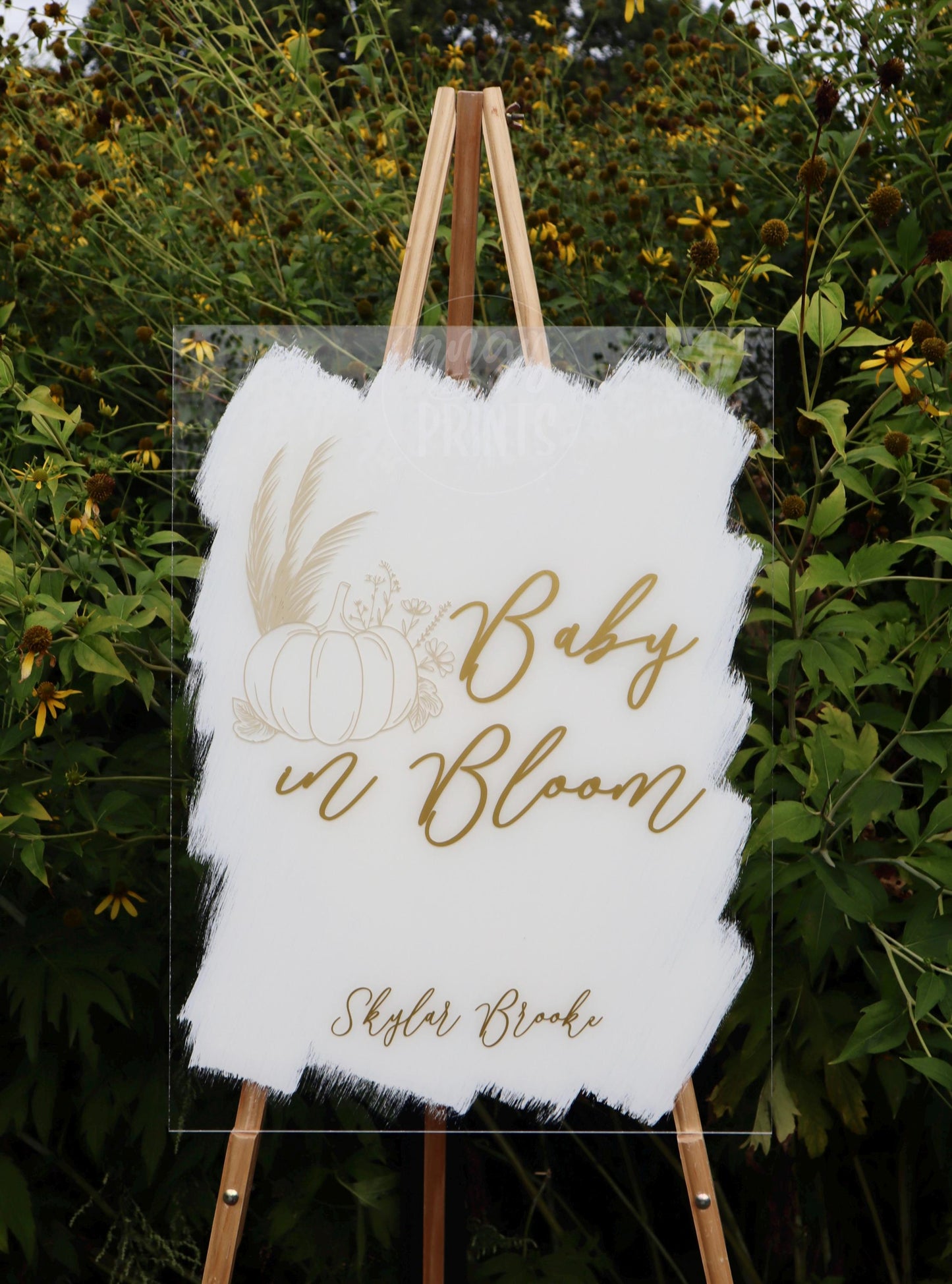 Baby in Bloom Pumpkin Fall Boho Pampas Acrylic Sign White Gold Sign for Baby Shower | Baby Welcome Sign | Welcome Sign | Clear Acrylic Sign