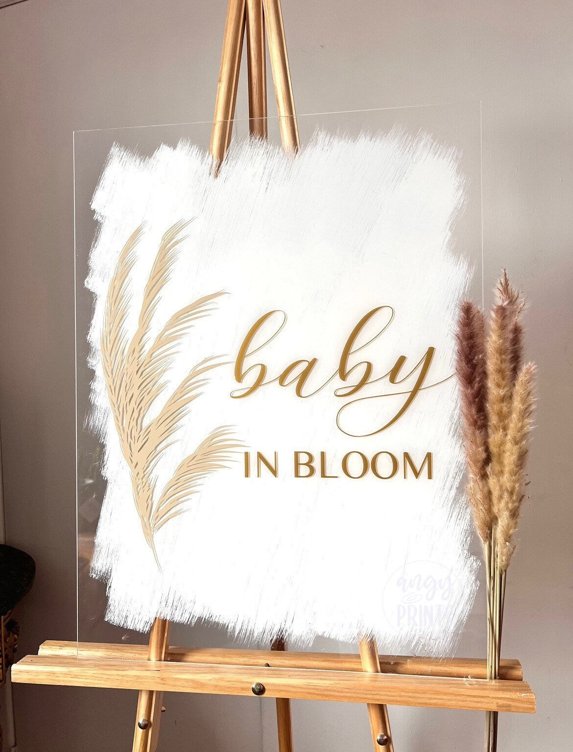 Baby in Bloom Boho Pampas Acrylic Sign White and Gold Sign for Baby Shower | Baby Welcome Sign | Welcome Sign | Clear Acrylic Sign