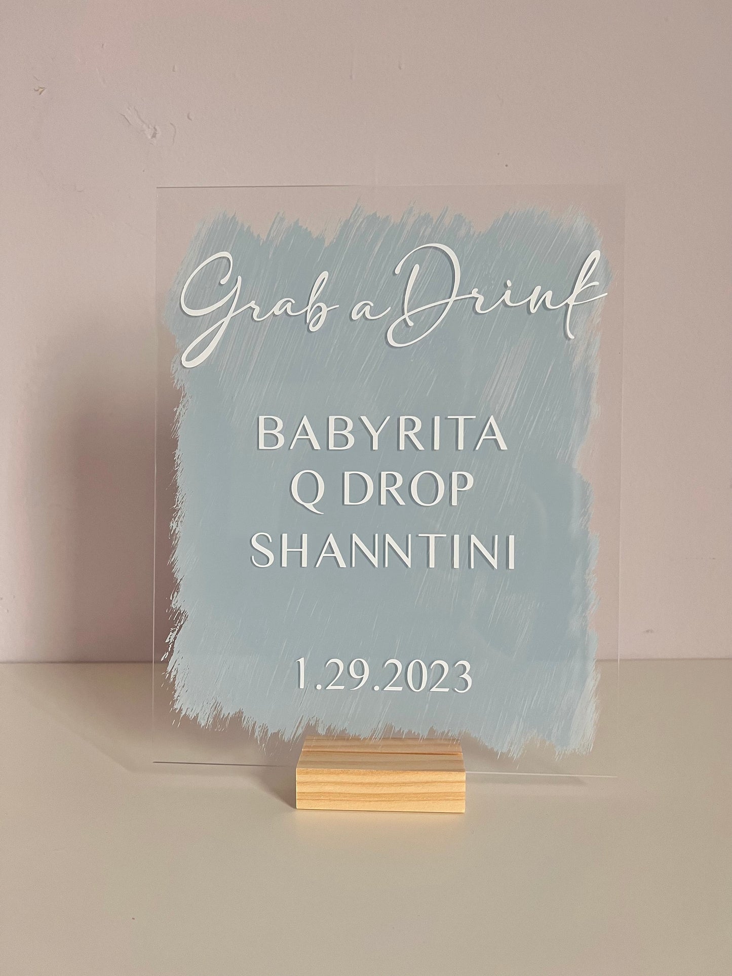 Grab a Drink Menu Tabletop Sign Acrylic Dusty Blue for Baby Shower, Wedding, Bridal Shower, Birthday, Anniversary  | Clear Acrylic Sign