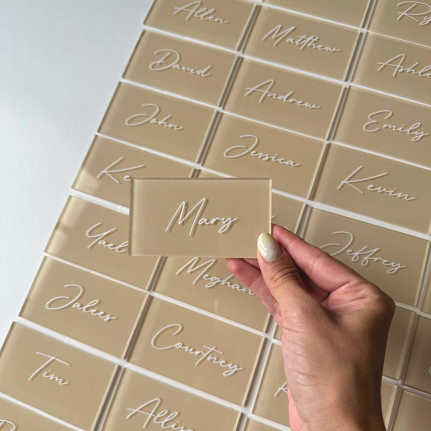 Acrylic Rectangle Name Place Card Personalized Minimalist Solid Beige Cream Color for Dinner Party, Events, Birthday, Bridal Shower, Wedding