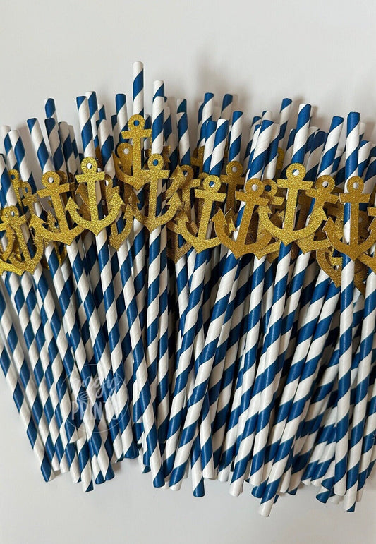 Nautical Theme Anchor and Sailboat Striped Navy Drinking Paper Straws w Glitter Gold Confetti for Bachelorette Party Birthday Baby Shower