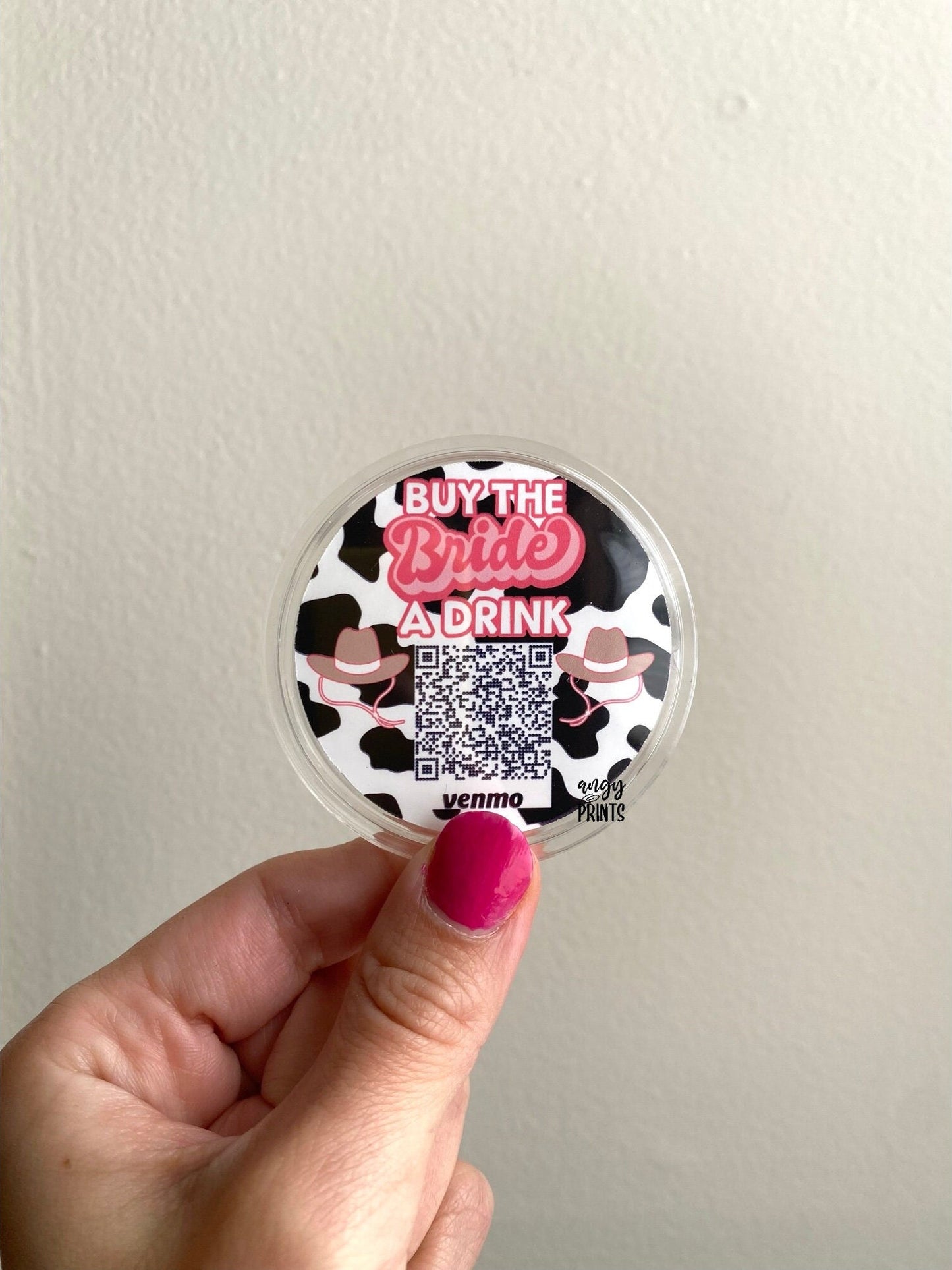 Cow Print Pink Glitter Nashville Western Theme Buy The Bride A Drink Bachelorette Party Venmo QR Sticker Code Buttons