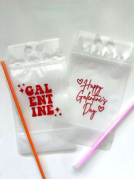Galentine’s Day Plastic Clear Adult Beverage Pouches w/ Individually Wrapped Straw for Party, Gatherings, Valentines Day, Girls Night