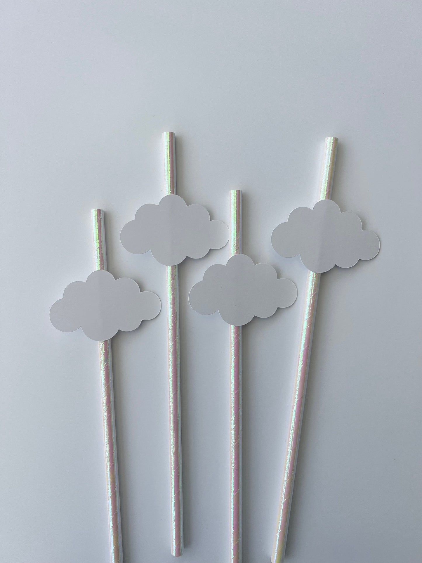 Cloud Nine Theme White Iridescent Drinking Paper Straws with Cloud Cut Out for Bachelorette Party, Bridal Shower, Birthday