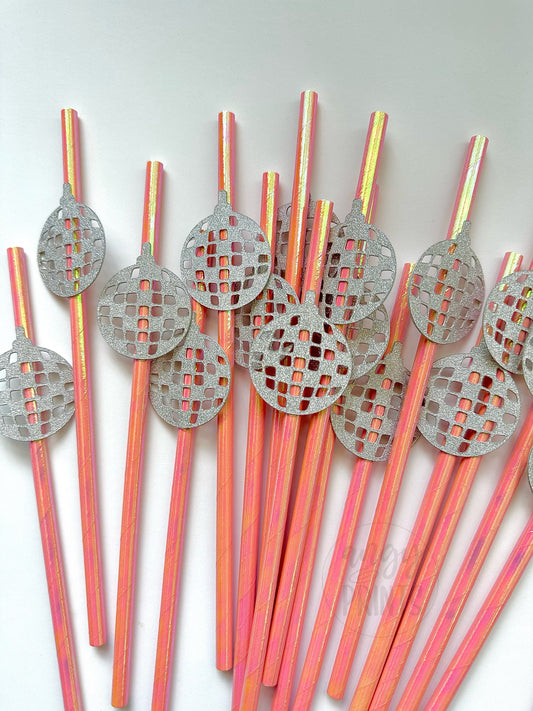 Last Disco 70s 80s 90s Theme Holographic Pink Drinking Paper Straws w Glitter Disco Ball Confetti for Bachelorette Party, Birthday, Bridal