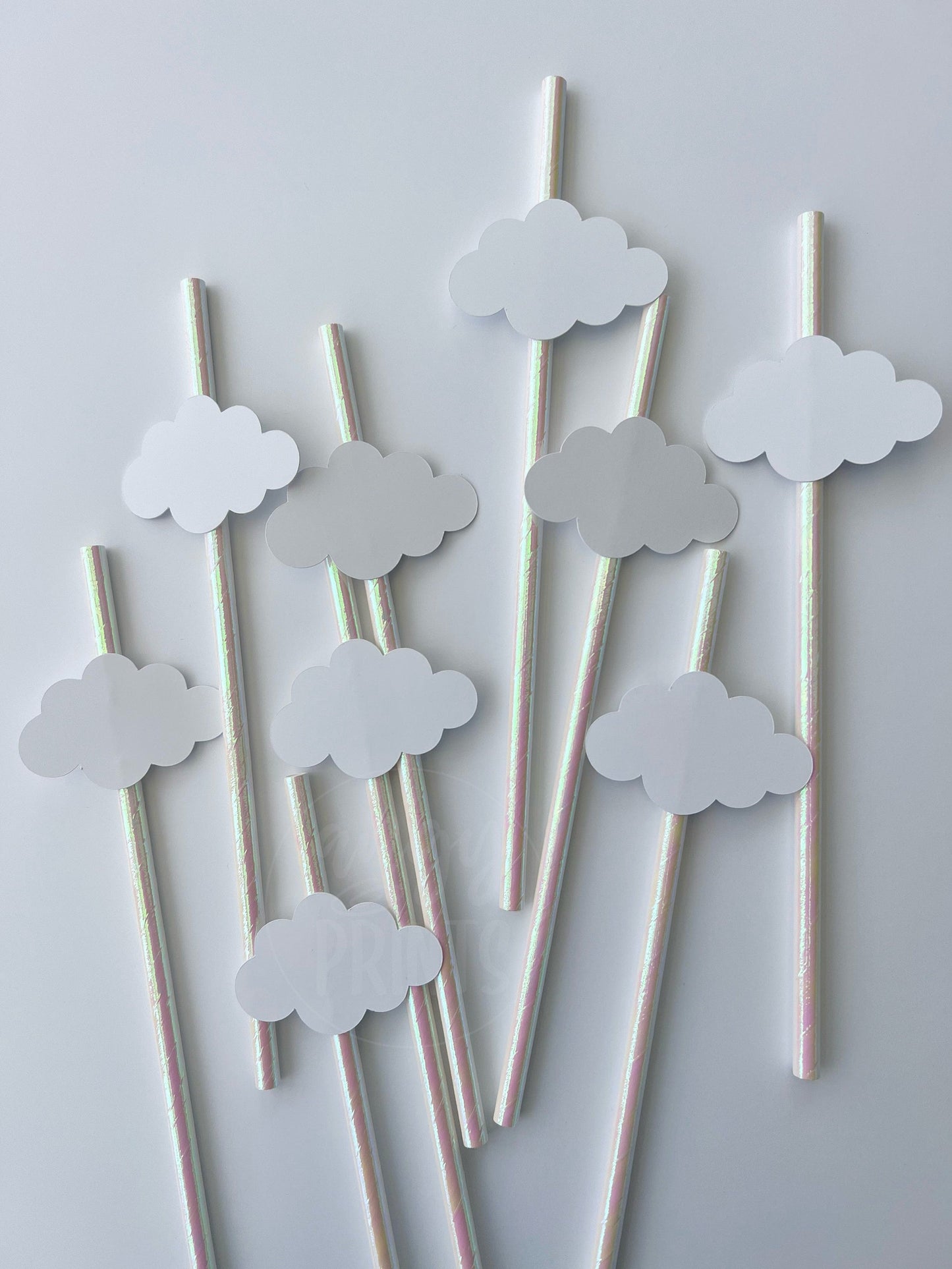 Cloud Nine Theme White Iridescent Drinking Paper Straws with Cloud Cut Out for Bachelorette Party, Bridal Shower, Birthday
