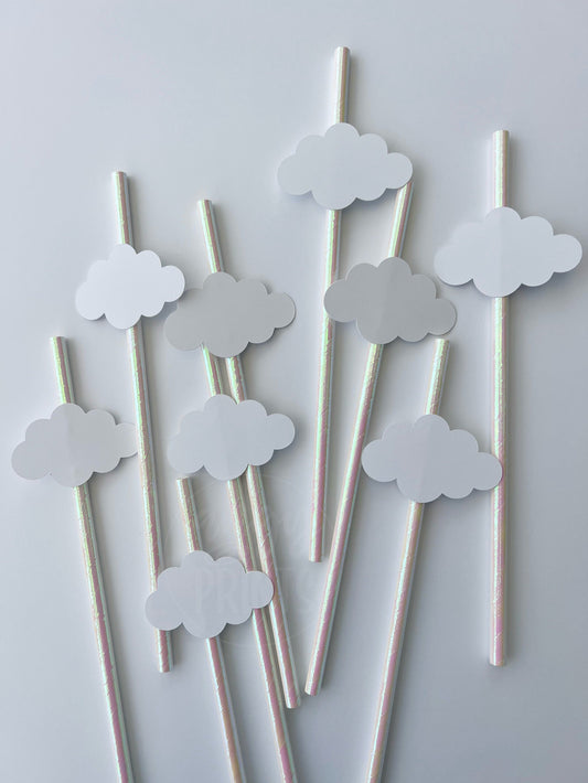 Cloud Nine Theme White Iridescent Drinking Paper Straws with Cloud Cut Out for Bachelorette Party, Bridal Shower, Birthday