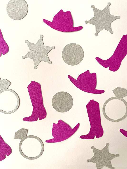 Western Last Rodeo Theme Cowboy Hat, Cowboy Boot, Sherif Badge, Wedding Ring, Circle Confetti Bachelorette / Birthday Party