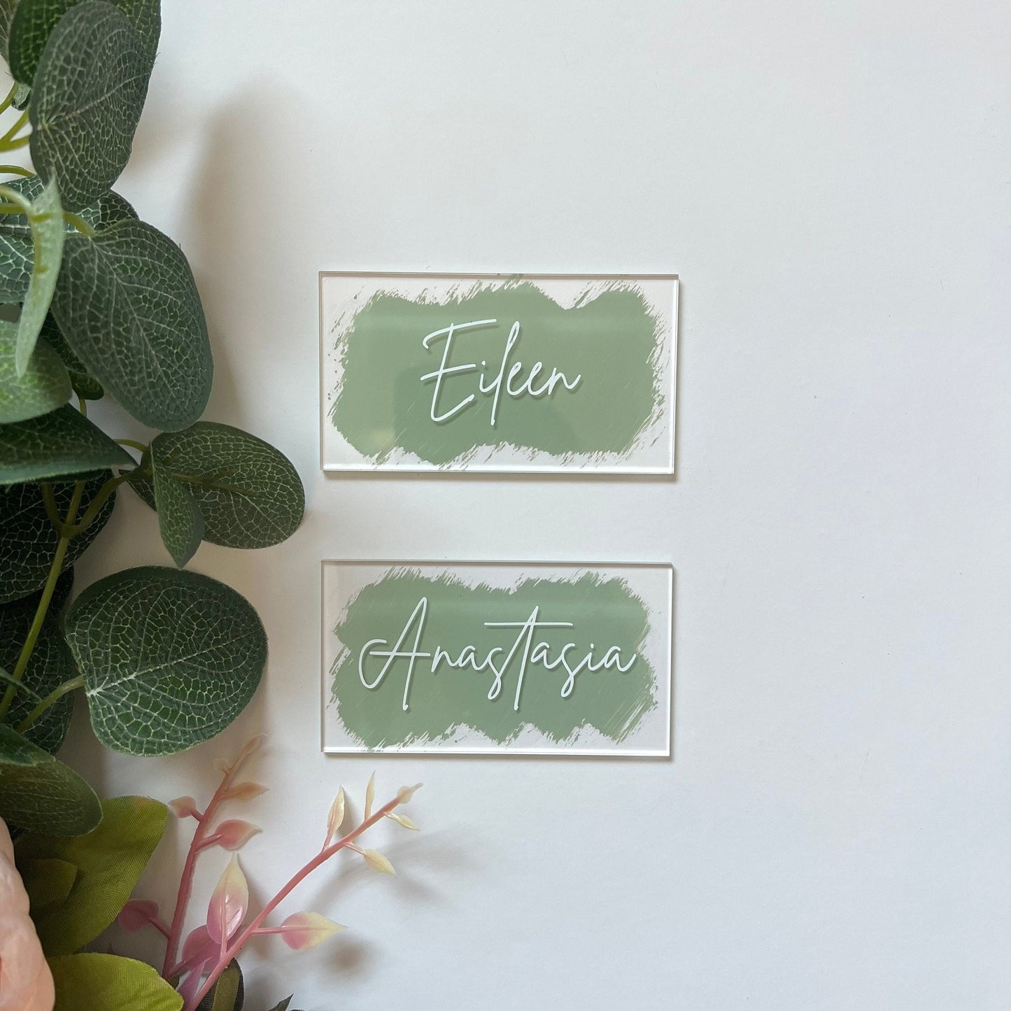 Acrylic Rectangle Name Place Card Personalized Brushed Sage Green for Dinner Party, Events, Birthdays, Bridal Shower, Wedding, Anniversary
