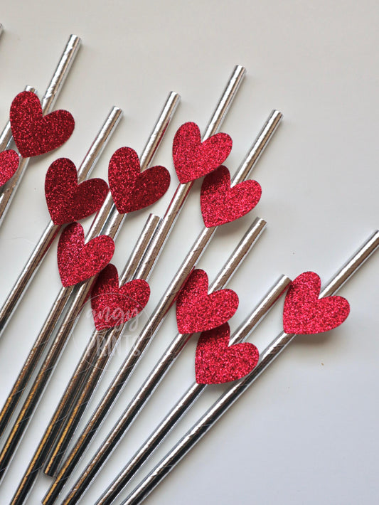 Galentine’s Day Theme Metallic Silver Red Glitter Hearts Drinking Paper Straws for Valentine’s Day Party, Bridal Shower, Birthday