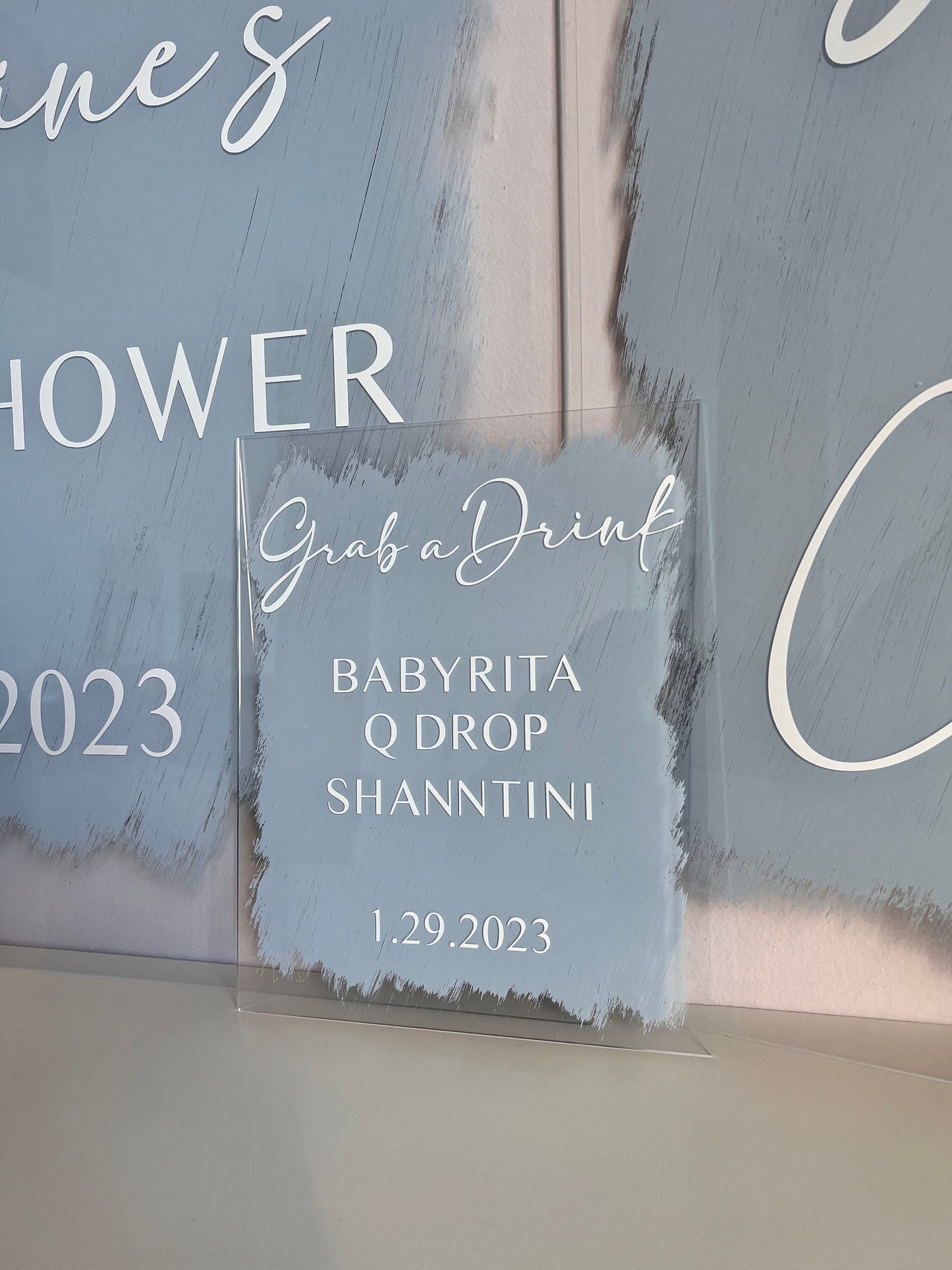 Grab a Drink Menu Tabletop Sign Acrylic Dusty Blue for Baby Shower, Wedding, Bridal Shower, Birthday, Anniversary  | Clear Acrylic Sign