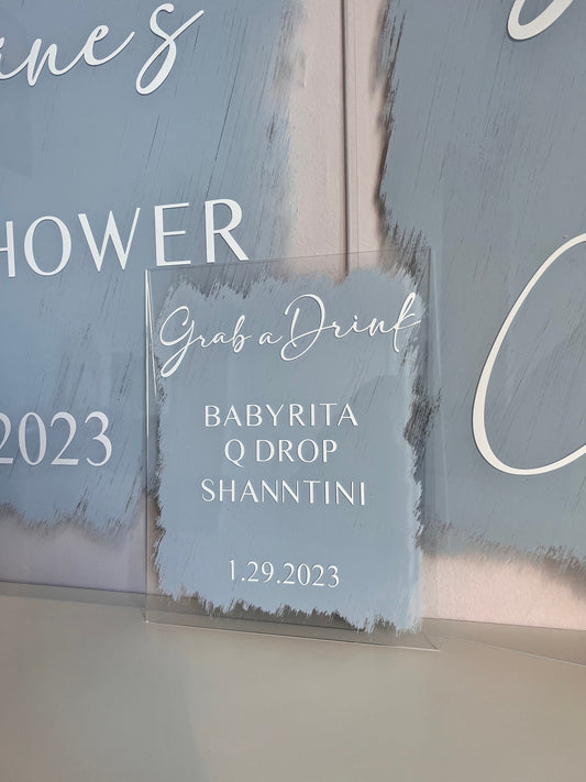 Grab a Drink Menu Tabletop Sign Acrylic Dusty Blue for Baby Shower, Wedding, Bridal Shower, Birthday, Anniversary  | Clear Acrylic Sign