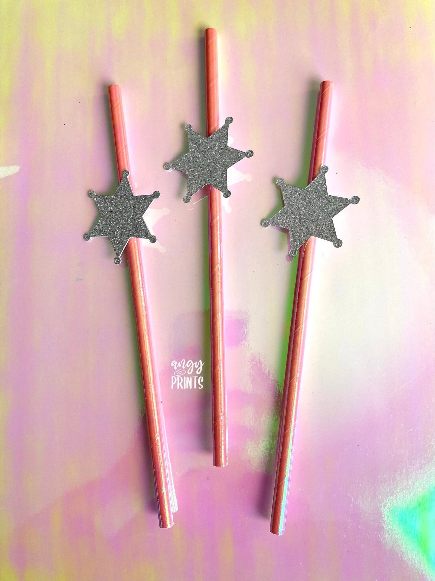 Western Last Rodeo Theme Holographic Pink Straws with Glitter Cowgirl Hat and Sheriff Badge Confetti for Bachelorette Party, Birthday Party