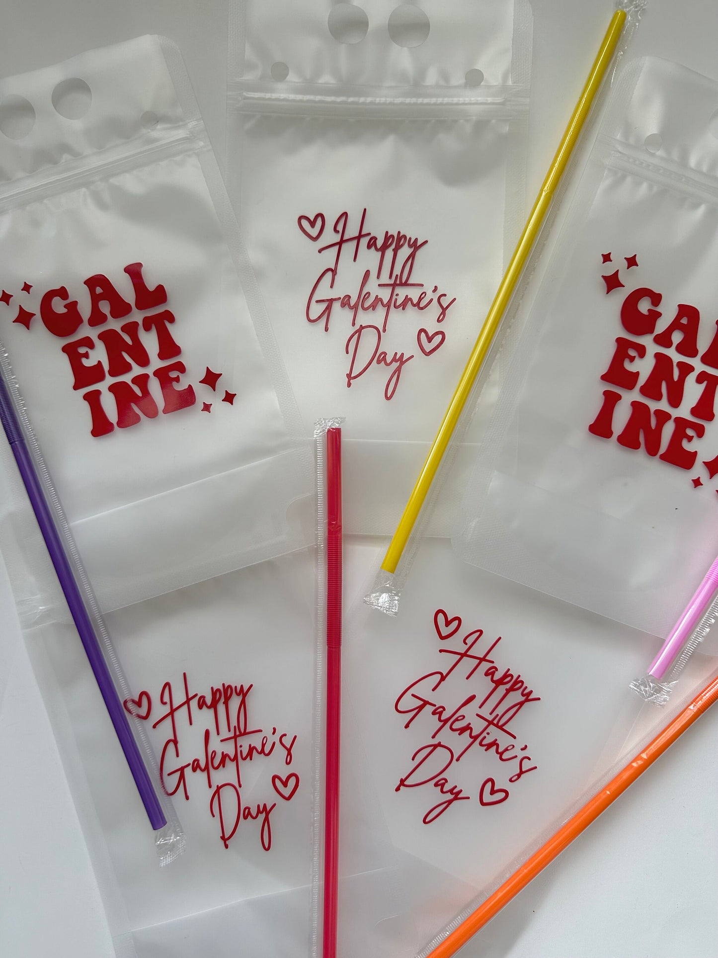 Galentine’s Day Plastic Clear Adult Beverage Pouches w/ Individually Wrapped Straw for Party, Gatherings, Valentines Day, Girls Night