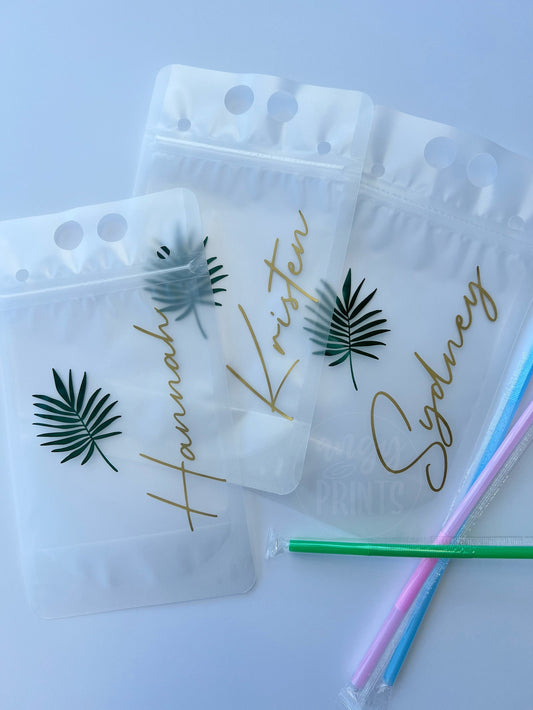 Tropical Vacation Bachelorette Personalized Name Plastic Clear Adult Beverage Pouches w/ Individually Wrapped Straw for Party, Day Drinking