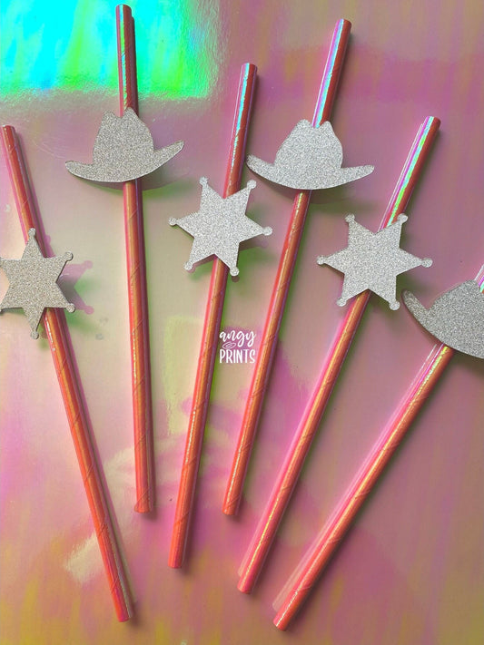 Western Last Rodeo Theme Holographic Pink Straws with Glitter Cowgirl Hat and Sheriff Badge Confetti for Bachelorette Party, Birthday Party