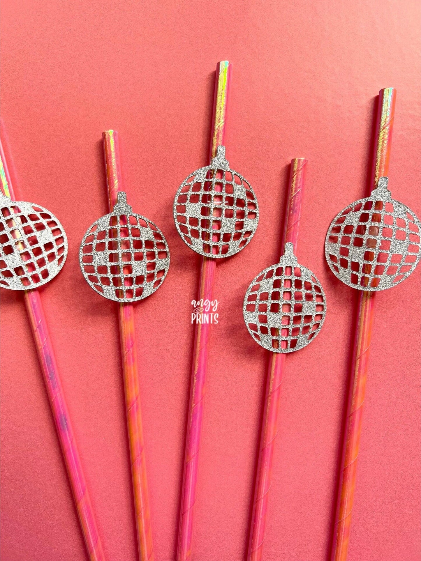 Last Disco 70s 80s 90s Theme Holographic Pink Drinking Paper Straws w Glitter Disco Ball Confetti for Bachelorette Party, Birthday, Bridal
