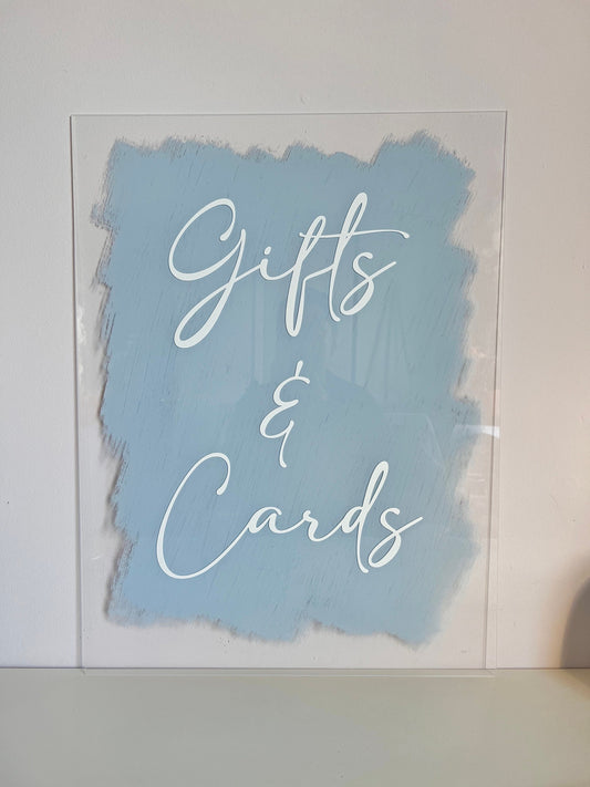 Gifts and Cards Sign Acrylic Dusty Blue for Baby Shower, Wedding, Bridal Shower, Birthday, Anniversary Welcome Sign | Clear Acrylic Sign