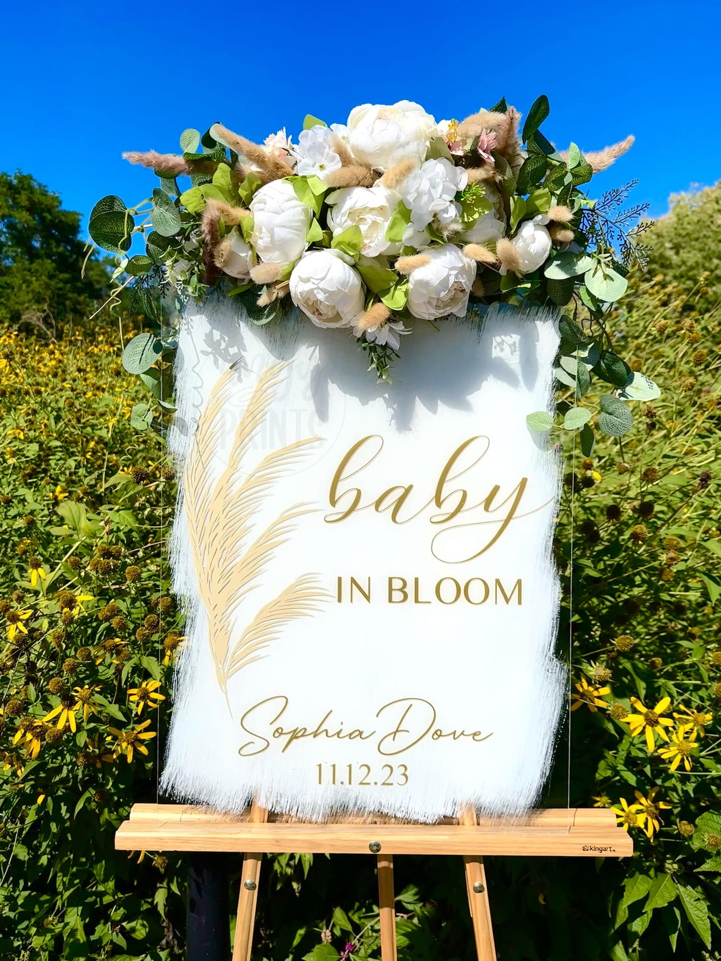 Baby in Bloom Boho Pampas Acrylic Sign White and Gold Sign for Baby Shower | Baby Welcome Sign | Welcome Sign | Clear Acrylic Sign