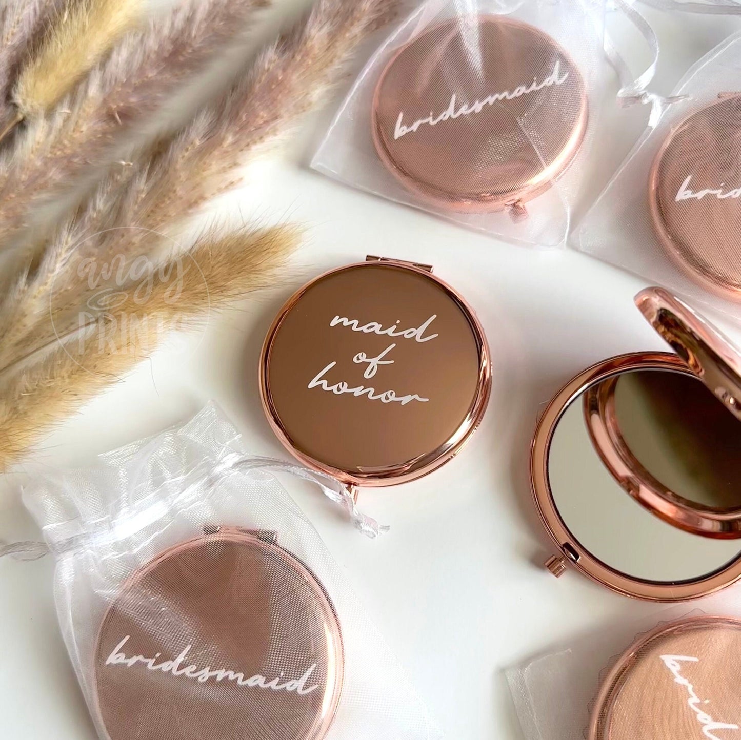 Rose Gold Compact Mirror for Bridesmaid Gift, Maid of Honor Gift, Bridal Shower, Birthday Gift, Cute Pocket Mirror