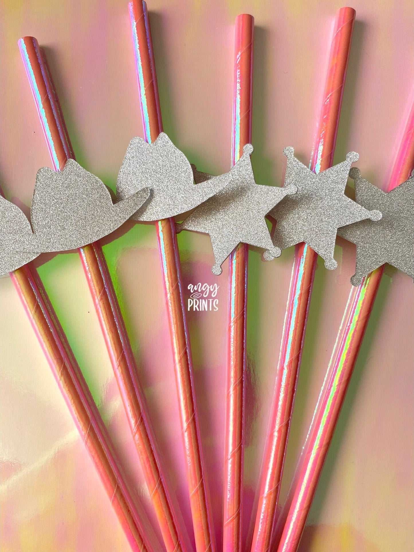 Western Last Rodeo Theme Holographic Pink Straws with Glitter Cowgirl Hat and Sheriff Badge Confetti for Bachelorette Party, Birthday Party