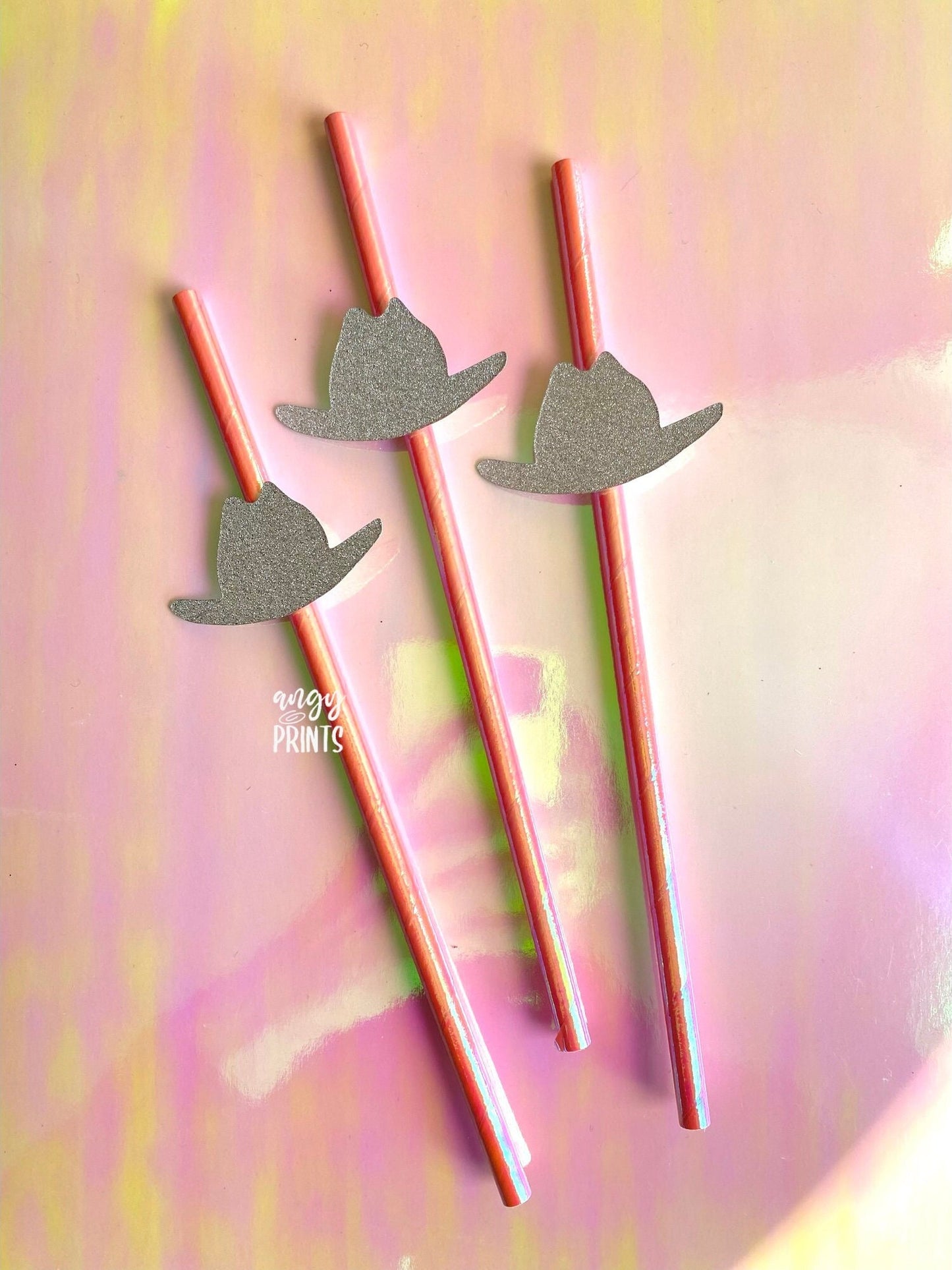 Western Last Rodeo Theme Holographic Pink Straws with Glitter Cowgirl Hat and Sheriff Badge Confetti for Bachelorette Party, Birthday Party