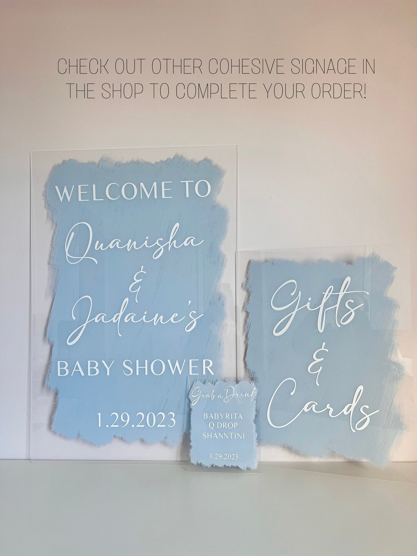 Gifts and Cards Sign Acrylic Dusty Blue for Baby Shower, Wedding, Bridal Shower, Birthday, Anniversary Welcome Sign | Clear Acrylic Sign