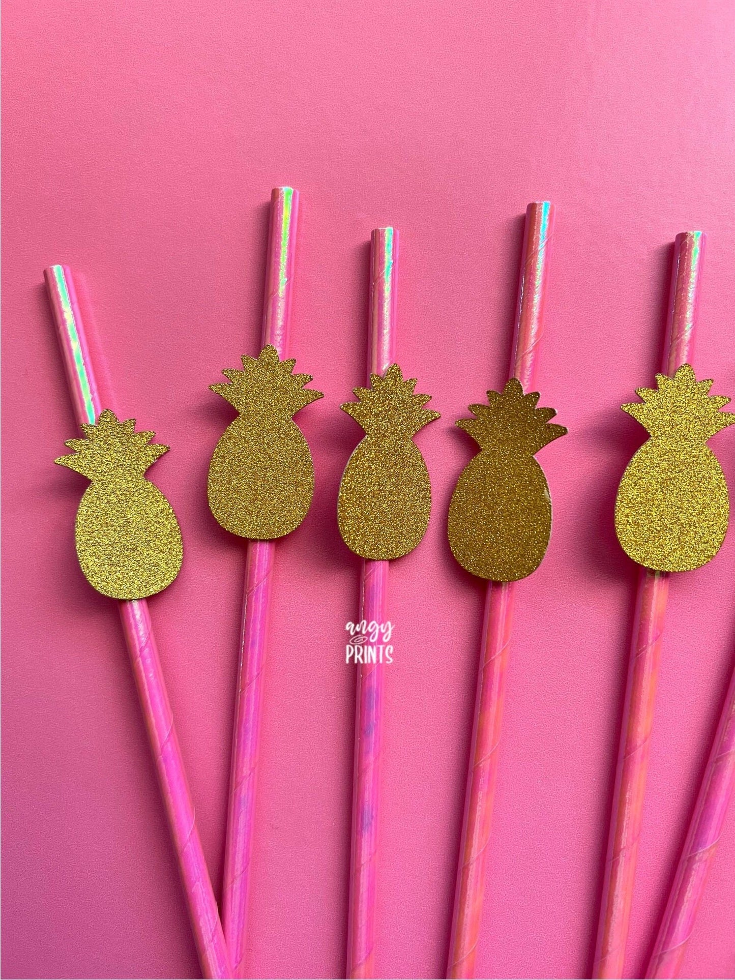 Final Fiesta Pineapple Tropical Theme Holographic Pink Straws w Glitter Gold Pineapple Confetti for Bachelorette Party, Birthday,