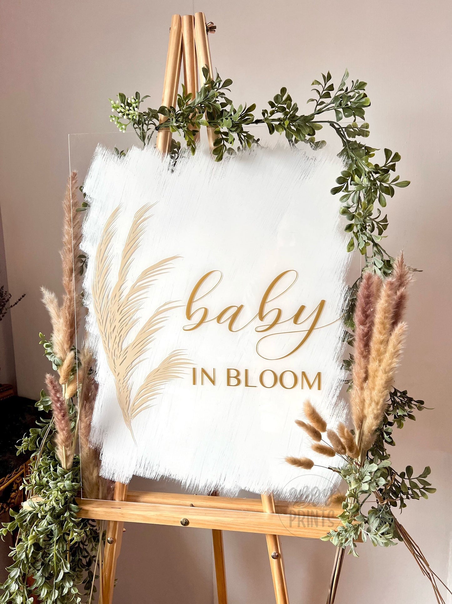 Baby in Bloom Boho Pampas Acrylic Sign White and Gold Sign for Baby Shower | Baby Welcome Sign | Welcome Sign | Clear Acrylic Sign