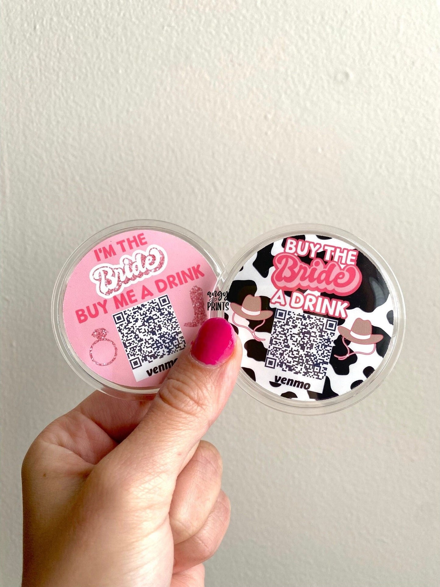 Cow Print Pink Glitter Nashville Western Theme Buy The Bride A Drink Bachelorette Party Venmo QR Sticker Code Buttons