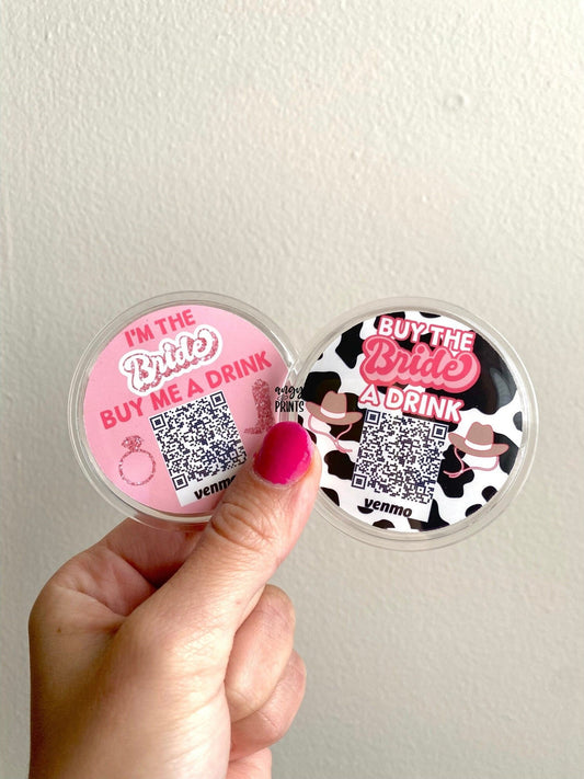 Cow Print Pink Glitter Nashville Western Theme Buy The Bride A Drink Bachelorette Party Venmo QR Sticker Code Buttons