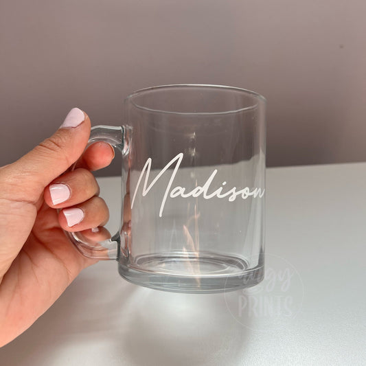 Personalized Name Clear Glass Mug 12oz, Mothers Day Gifts, Gifts for Mom, Birthday Gifts, Bridesmaid Gift, Coffee, Tea Cup