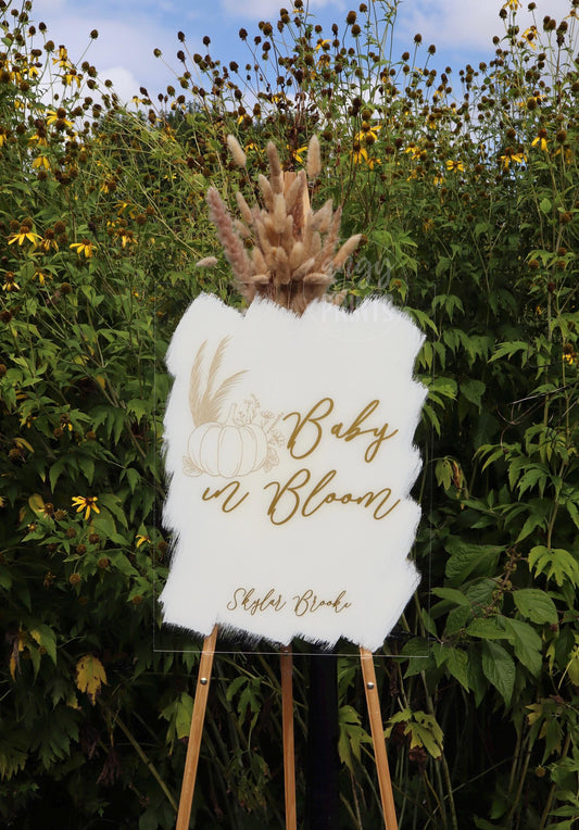 Baby in Bloom Pumpkin Fall Boho Pampas Acrylic Sign White Gold Sign for Baby Shower | Baby Welcome Sign | Welcome Sign | Clear Acrylic Sign