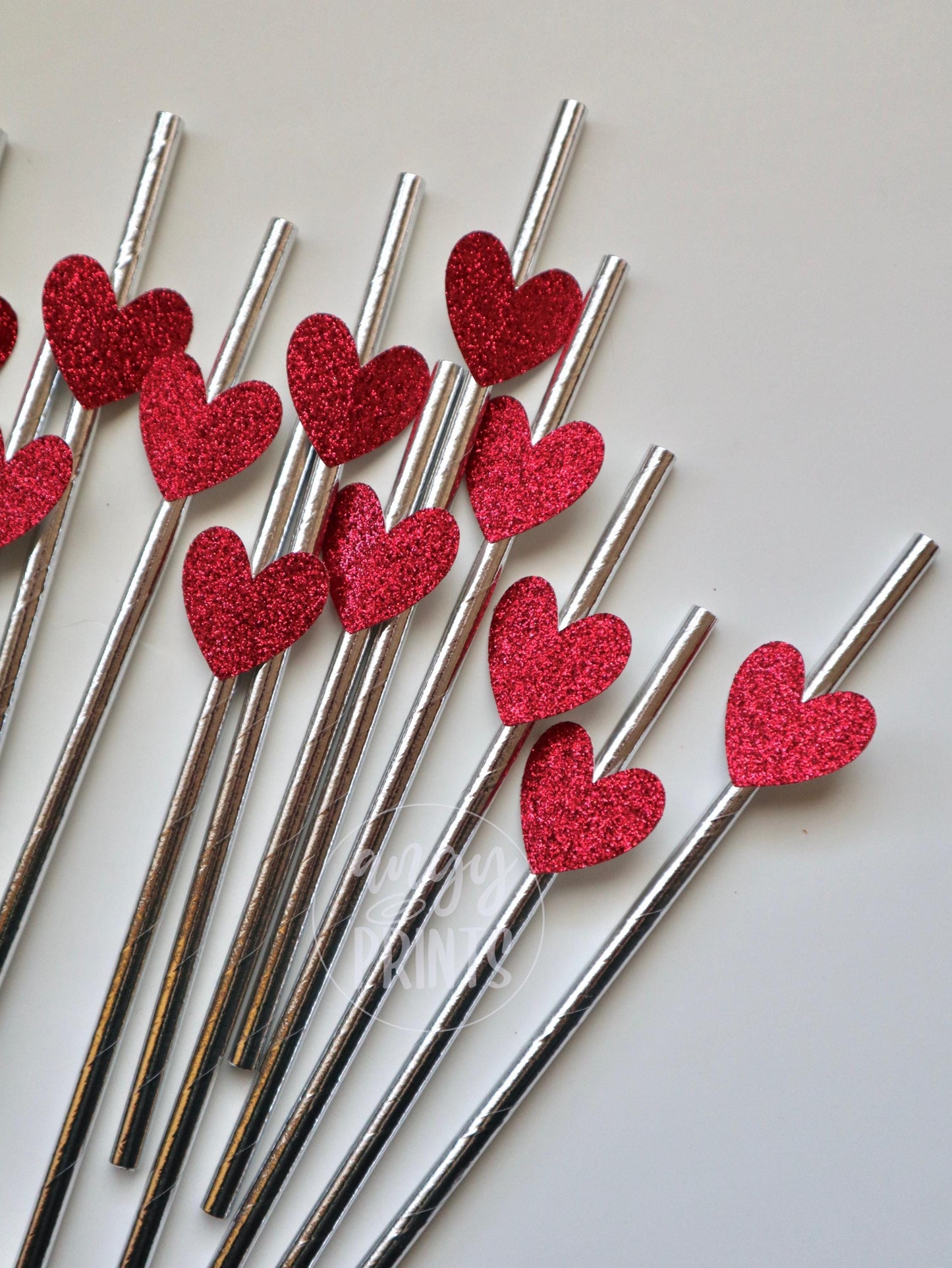Galentine’s Day Theme Metallic Silver Red Glitter Hearts Drinking Paper Straws for Valentine’s Day Party, Bridal Shower, Birthday