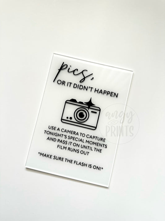 Pics Or It Didn’t Happen | Photo Guestbook Acrylic Painted Sign 5x7 for Wedding, Birthday Party, Event Decor