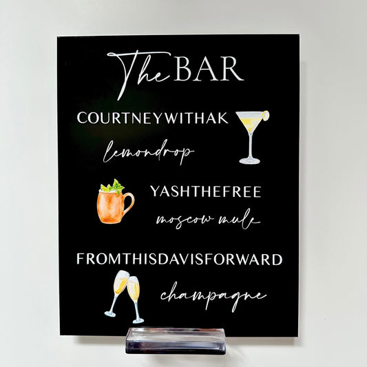 Custom Signature Drink Menu Tabletop Acrylic Sign Black and White for Wedding, Baby Shower, Bridal Shower, Birthday, Anniversary