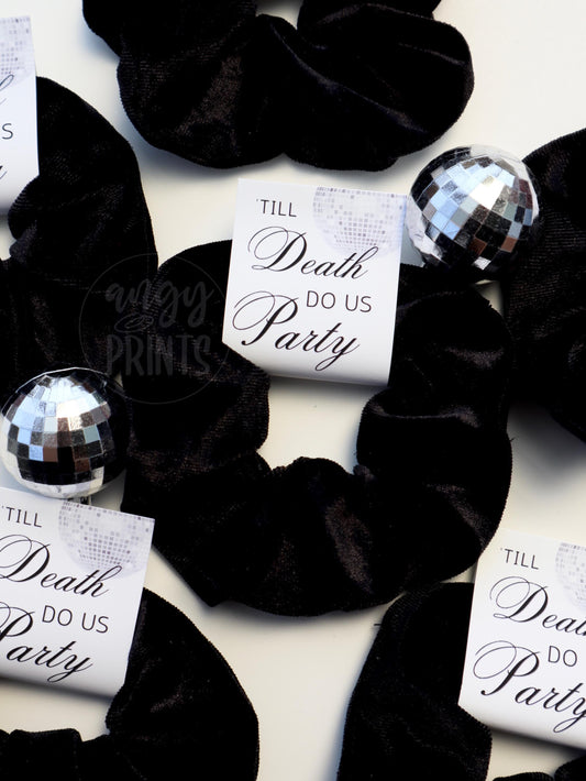 Till Death Do Us Party Bachelorette Party Scrunchies with Custom Tag | Birthday Party | Custom Hair Tie Tags | Halloween Theme Bach